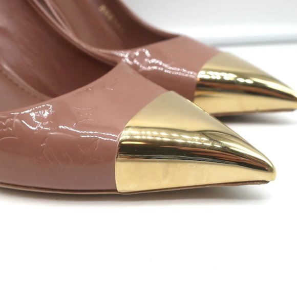 Louis Vuitton Allamanda Gold Cap Toe Pumps Rose Monogram Vernis Size 37.5 - Picture 2 of 12
